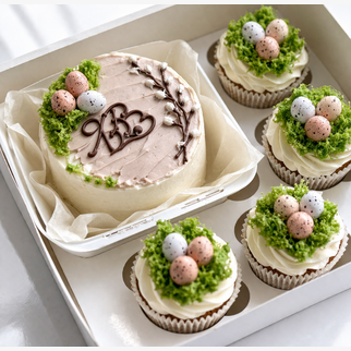 Бенто торт с капкейками на пасху с перепелиными яичками