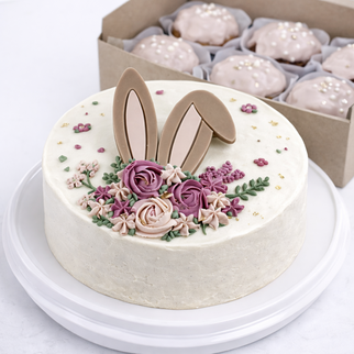 Бенто торт пасхальный с кремовыми розами и ушками кролика с капкейками