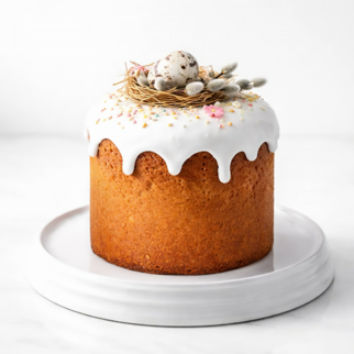 Панеттоне пасхальный с белой глазурью и яйцами в гнезде в стиле Бохо (Кулич) итальянский